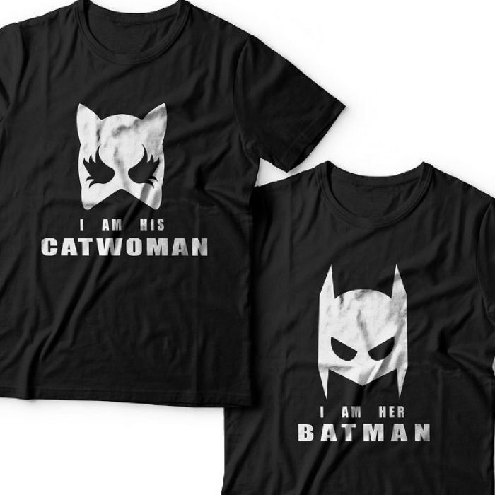 Парные футболки для влюбленных "I am his Catwoman (Я его женщина-кошка)"/"I am her Batman (Я ее бэтмен)"